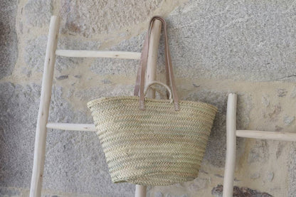 Handmade Straw Beach Basket with Leather Handles