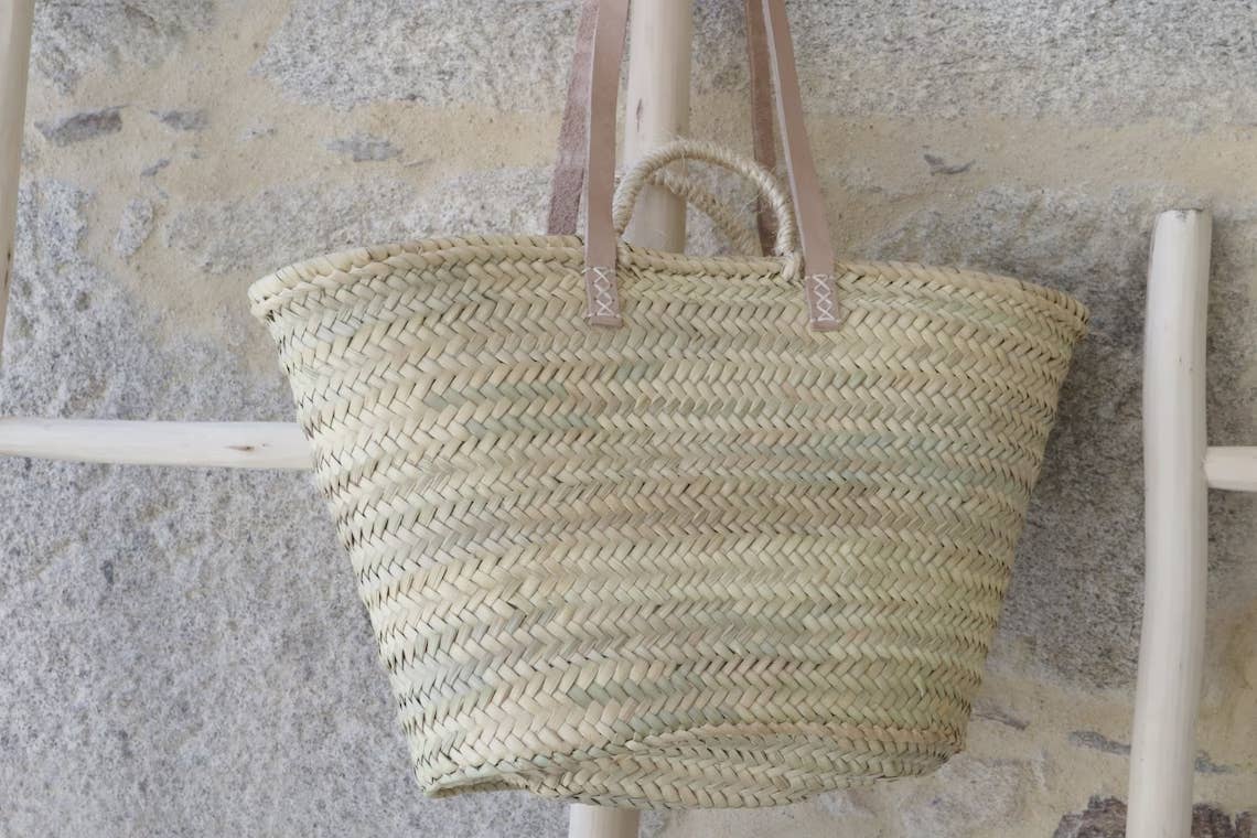 Handmade Straw Beach Basket with Leather Handles