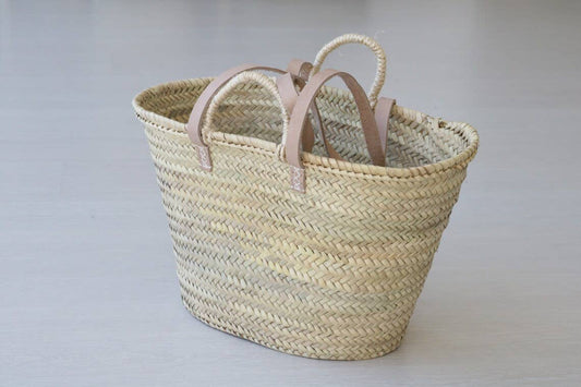 Handmade Straw Beach Basket with Leather Handles