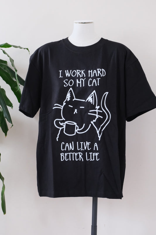 Slogan Cat Black Cotton T Shirt