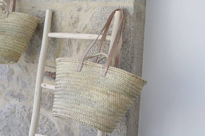 Handmade Straw Beach Basket with Leather Handles