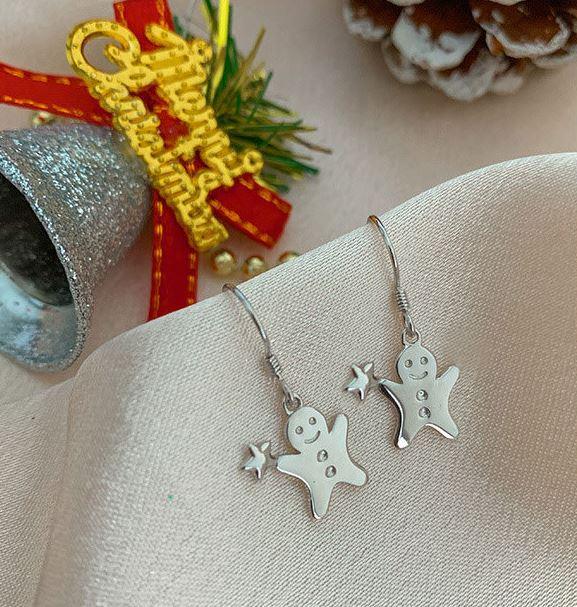 Gingerbread Man Sterling Silver Christmas Earrings - Silver - OneCatBoutique