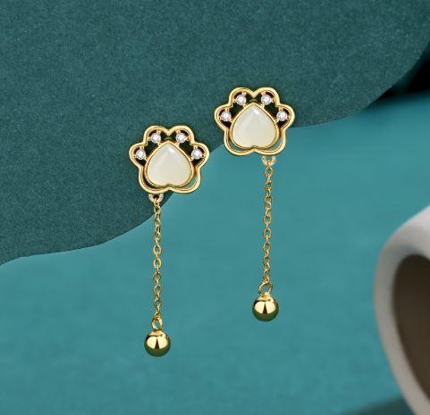 Golden Purrfection Jade Cat Pawprint Sterling Silver Drop Earrings - OneCatBoutique