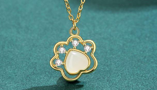 Golden Purrfection Jade Cat Pawprint Sterling Silver Necklace - OneCatBoutique