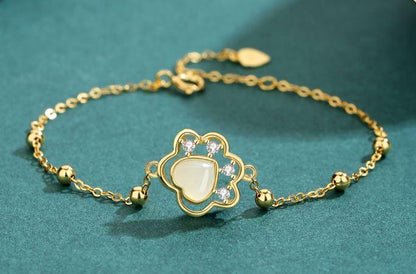 Golden Purrfection Sterling Silver Jade Cat Paw Bracelet - OneCatBoutique