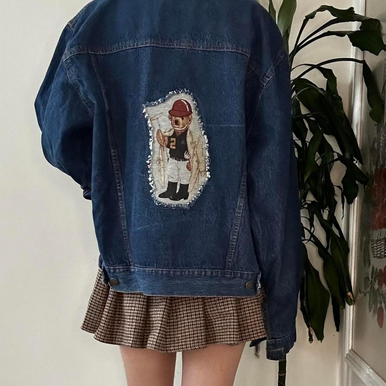 Reworked EXPRESSIONS bear print navy denim jacket - OneCatBoutique