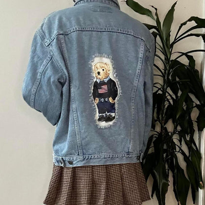 Reworked MIXED BLUES bear print blue denim jacket - OneCatBoutique