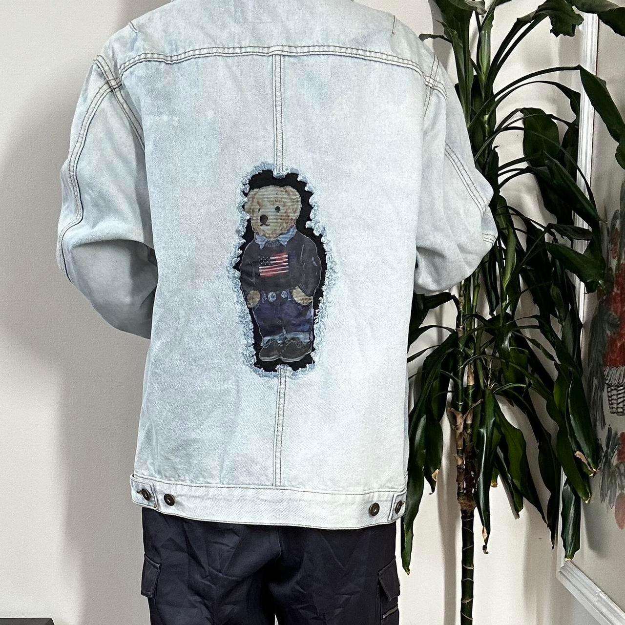 Reworked Y2K vintage light blue denim jacket with bear print - OneCatBoutique