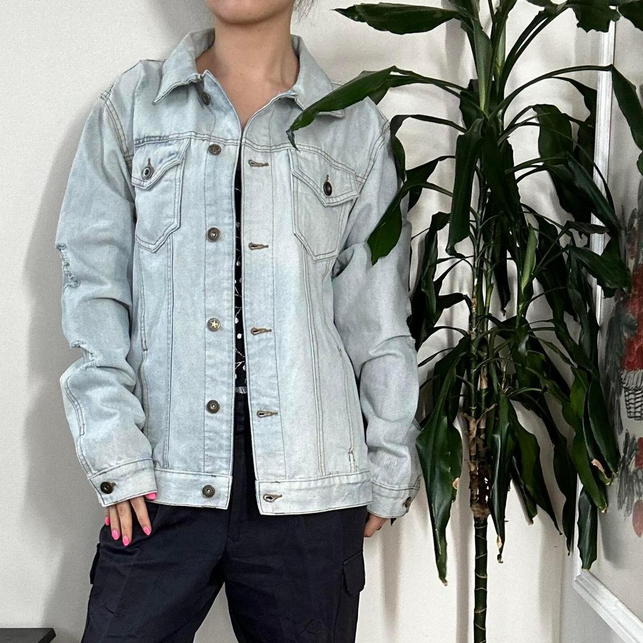 Reworked Y2K vintage light blue denim jacket with bear print - OneCatBoutique