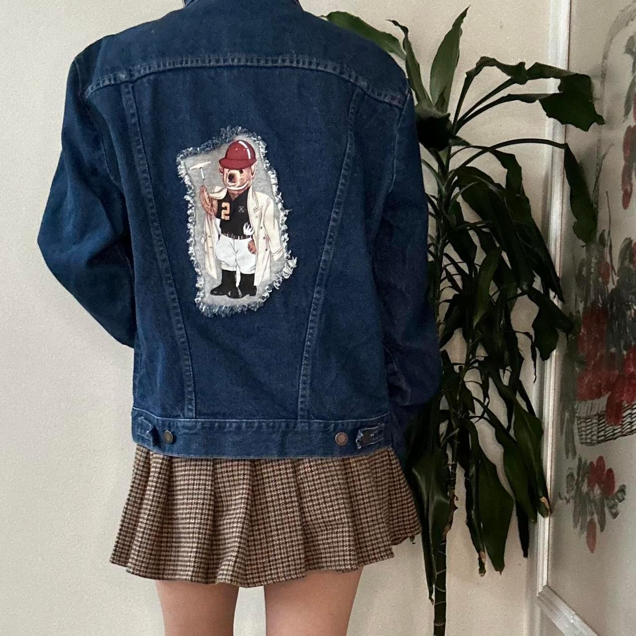 unisex Y2K reworked RUSTLERS bear print navy denim jacket - OneCatBoutique