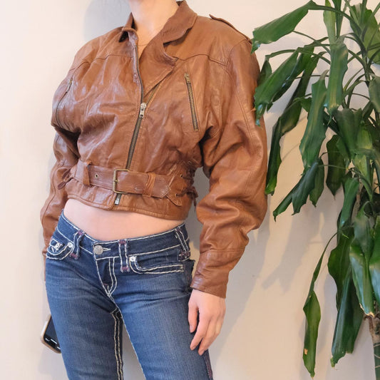 Vintage 80s brown bomber leather jacket - OneCatBoutique