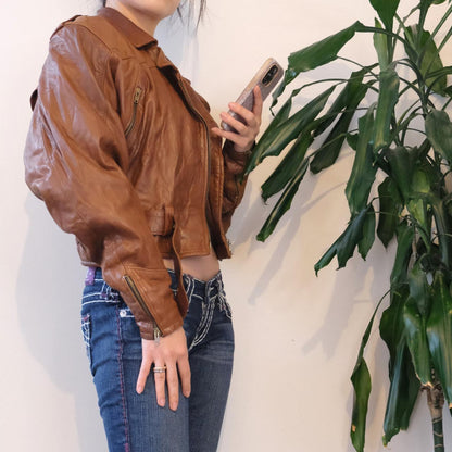 Vintage 80s brown bomber leather jacket - OneCatBoutique