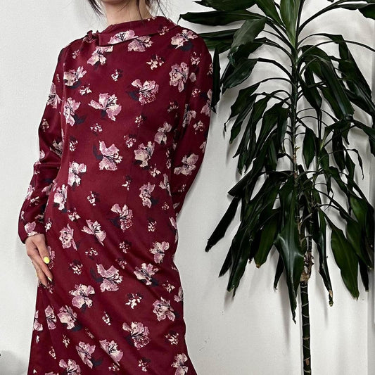 Vintage 80s burgundy long sleeves midi floral dress - OneCatBoutique