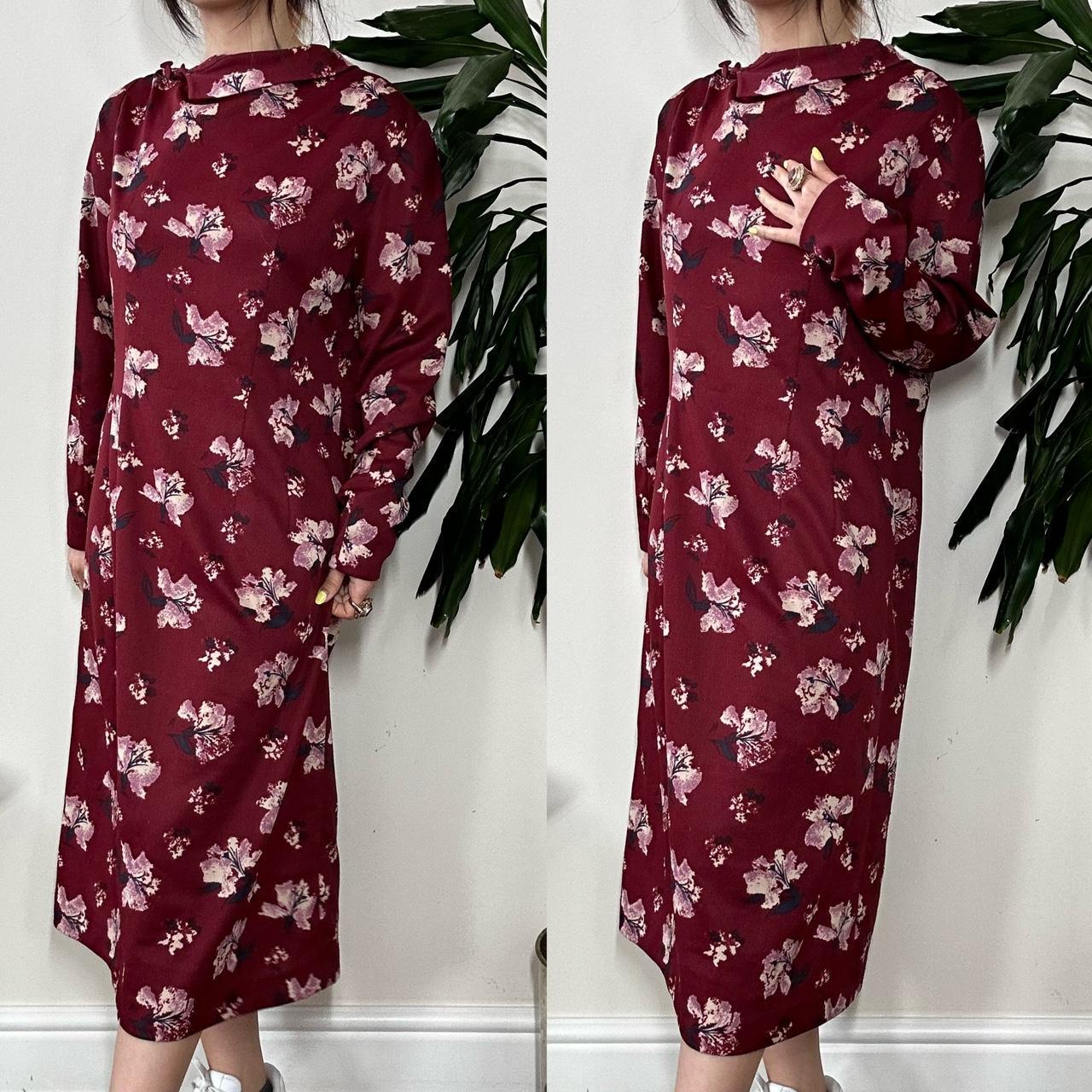 Vintage 80s burgundy long sleeves midi floral dress - OneCatBoutique