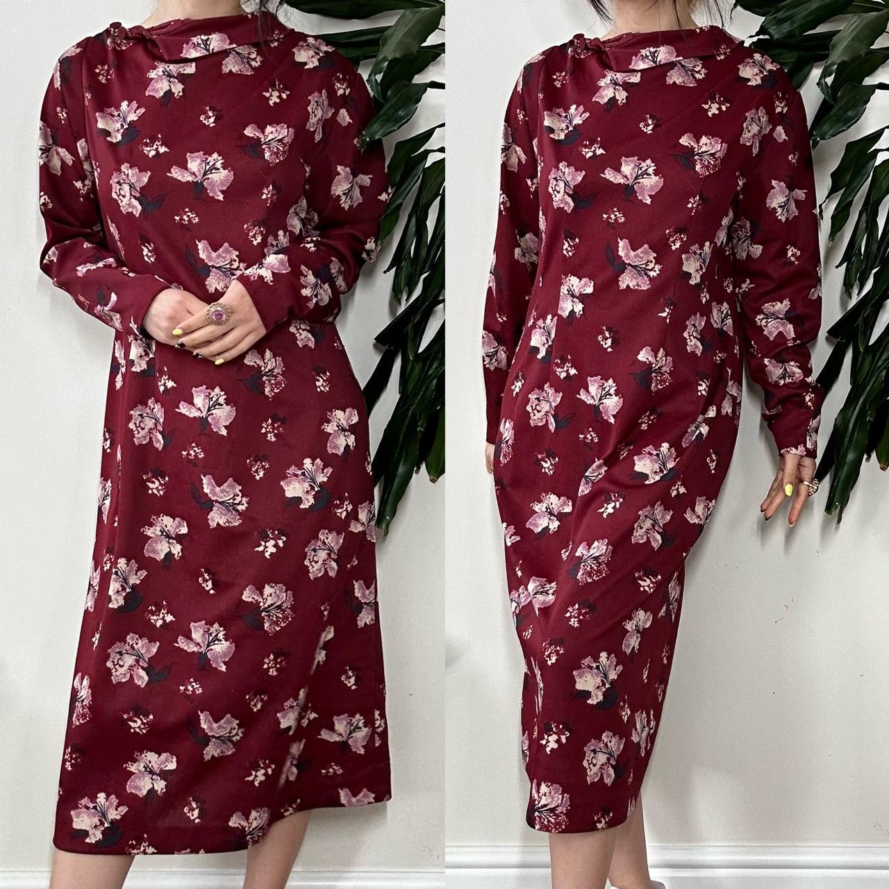 Vintage 80s burgundy long sleeves midi floral dress - OneCatBoutique