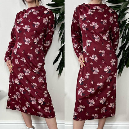 Vintage 80s burgundy long sleeves midi floral dress - OneCatBoutique