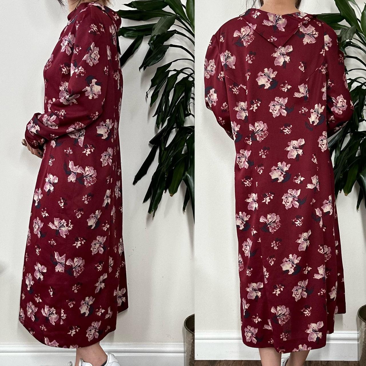 Vintage 80s burgundy long sleeves midi floral dress - OneCatBoutique