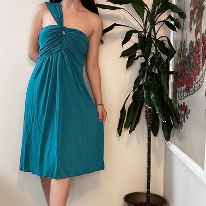 Vintage 80s MARELLA single shoulder turquoise midi party dress - OneCatBoutique