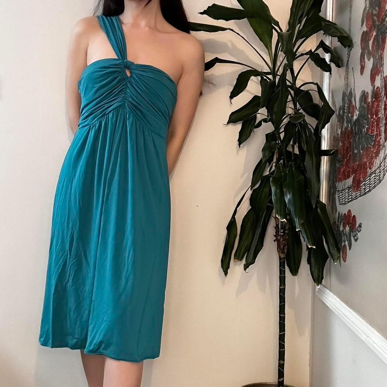 Vintage 80s MARELLA single shoulder turquoise midi party dress - OneCatBoutique