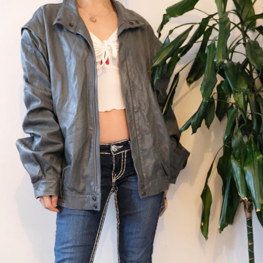 Vintage 80s unisex oversize grey leather jacket - OneCatBoutique