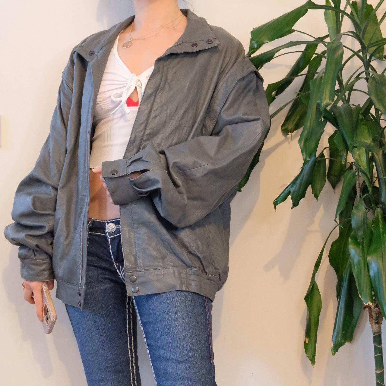 Vintage 80s unisex oversize grey leather jacket - OneCatBoutique