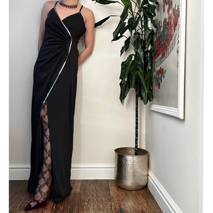 Vintage Elegant Noir Sequin Trim Maxi Dress - OneCatBoutique