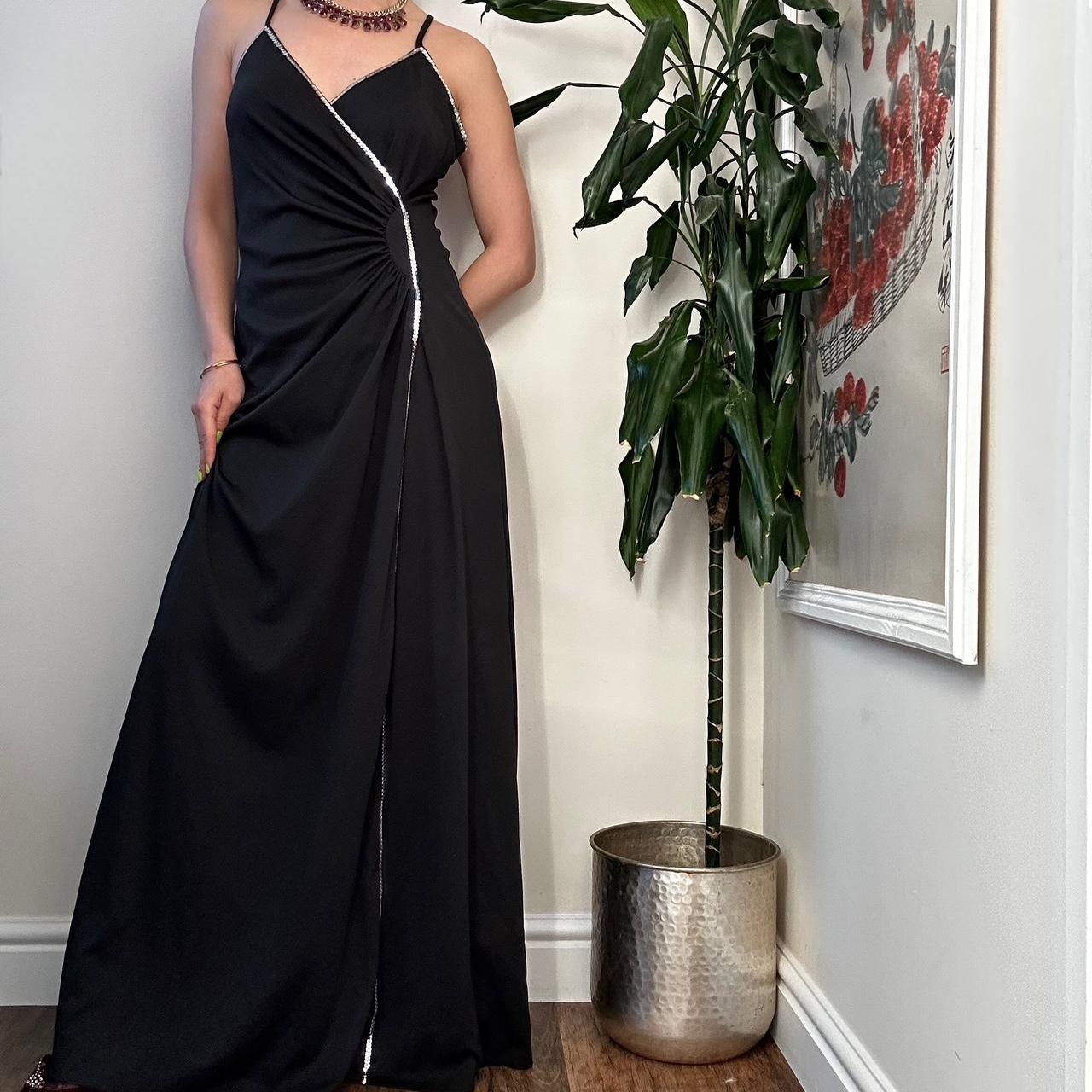 Vintage Elegant Noir Sequin Trim Maxi Dress - OneCatBoutique