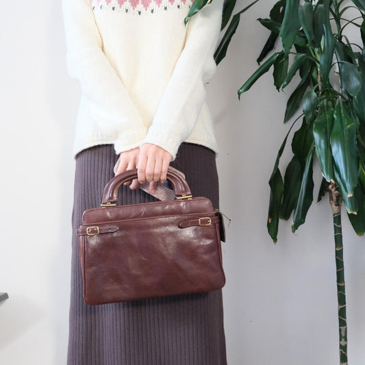 Vintage 1970s brown leather top handle tote shoulder bag - OneCatBoutique