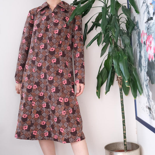 Vintage 70s bohemian brown floral midi shirt dress - OneCatBoutique