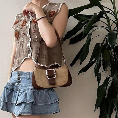 Y2K brown vegan leather shoulder baguette bag - OneCatBoutique